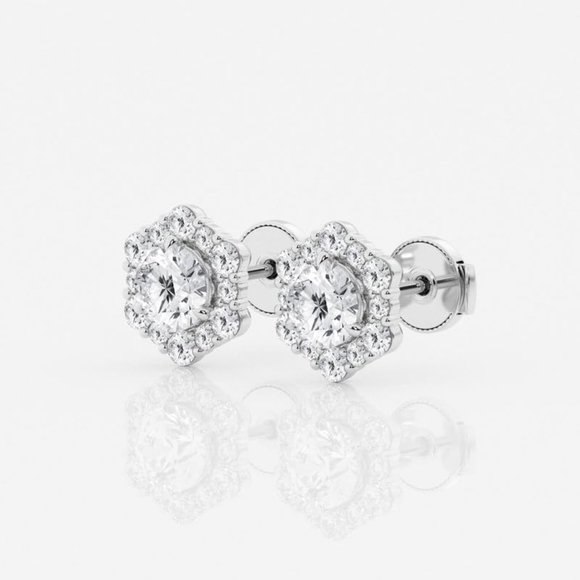 2.0 CTW Round Excellent Moissanite Hexagon Shaped Halo Stud Earrings - Picture 2 of 5